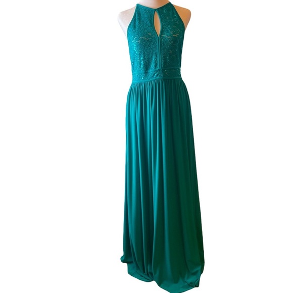 NIGHTWAY Womens Emerald Green Lace Sequined Mesh Slitted Sleeveless Halter 8 - Picture 2 of 9